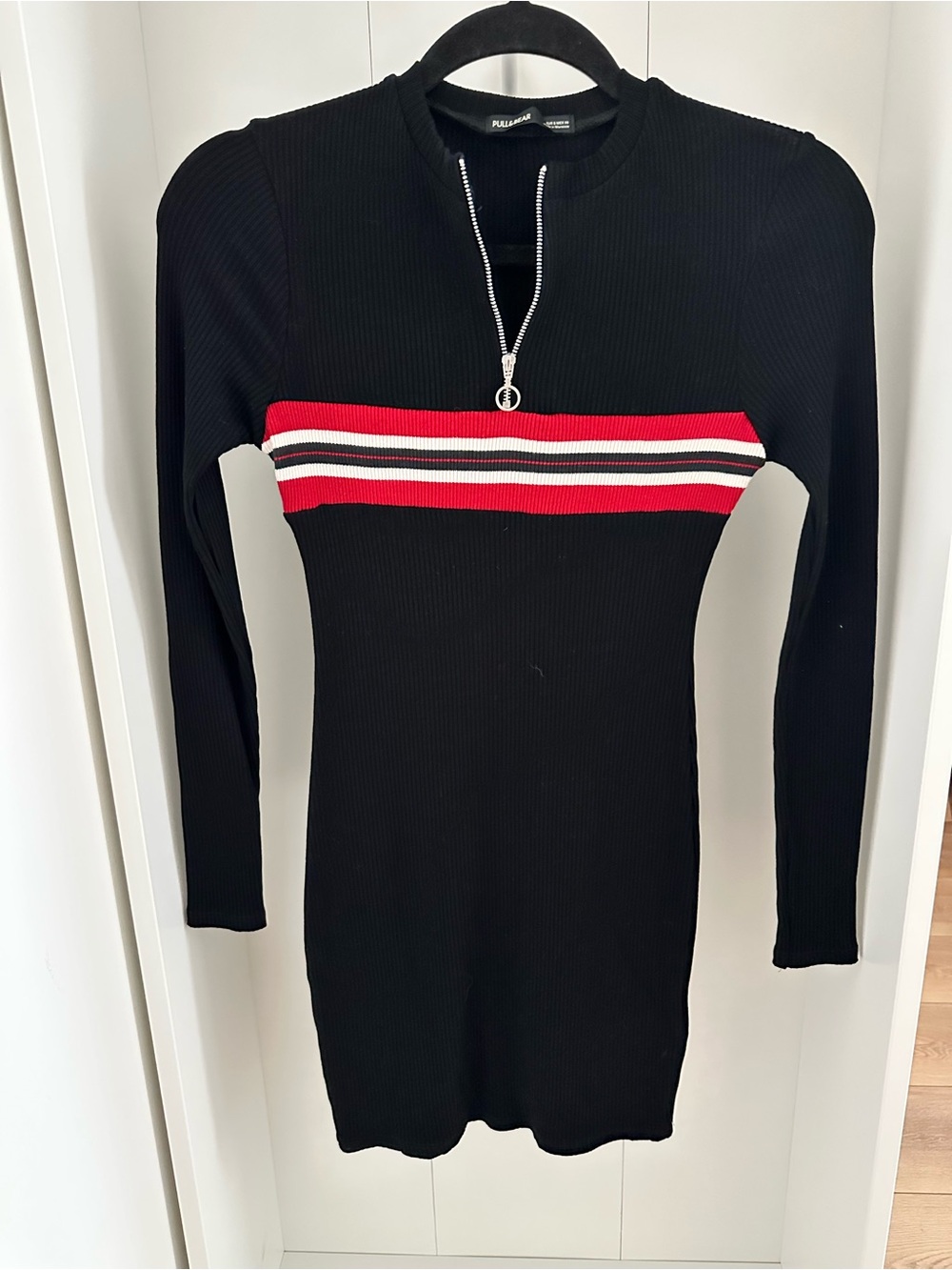 Pull&Bear Black Ribbed Long-Sleeve Dress with Red and White Stripe